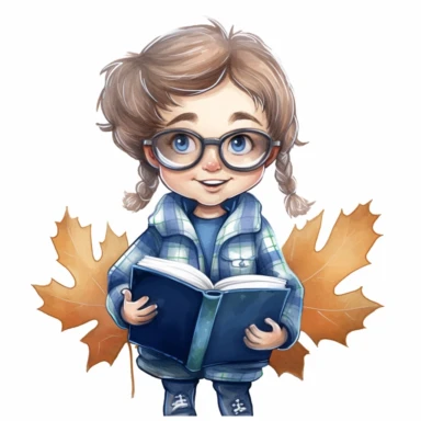 a happy little cute boy in a five-year-old, white short, blue jacket, book, glasses, maple leaf, style by Lusy Fleming, folk art, watercolor, clipart elements, smooth gradients, black contour outline, ultra detailed, white background, super clear, high quality