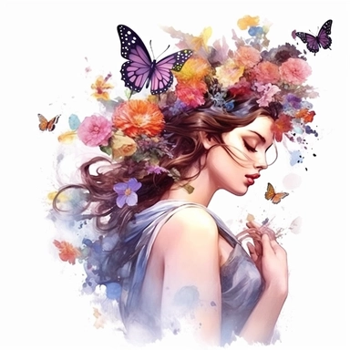 Fantasy Style Ancient Rome style Beautiful Flora Goddess smelling flowers with watercolor effect,Many flowers,butterflies,suitable for digital clipart,white background,Mythologic Scene,Ancient rome fashion