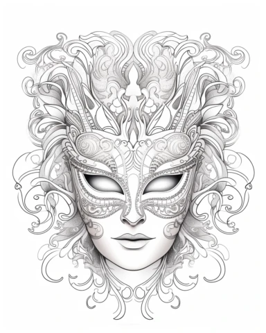 white coloring page of a white masquerade mask with intricate cut-outs, delicate linework, simplified line work, free brushwork, 15th century vintage masquerade for adults black and white drawings, in the style of tanya shatseva, in the style of fantasy illustrations, in the style of fantasy illustrations, in the style of art nouveau-inspired illustrations, in the style of intricate pen drawings, in the style of intricate linework, in the style of detailed linework, kinuko y. craft, luca della r