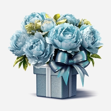 Watercolour realistic pastel blue iridescent glitter peonies in flower bouquet box with delicate ribbon bow wrapped around it intricately realistically detailed pastel blue peonies, PNG image,transparent background ,ultra highly detailed, 18k, sharp focus, bright photo with vibrant colours, digitally enhanced,photographic, enhanced graphics, png format, straight, sharp focus, bright lighting, intricate detailed png image ,high definition,300dpi,graphic clipart,computer graphics