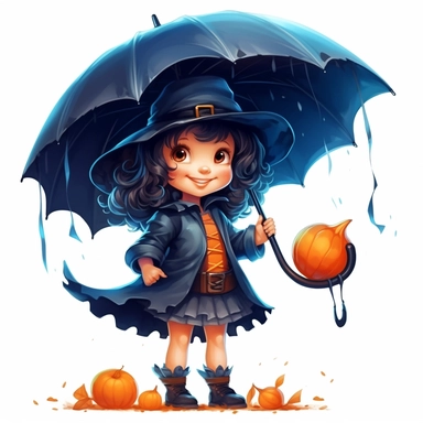 Cute Adorable magical little Witch holds a huge umbrella in his hand wears a raincape and stand in the rain on a country road, correct umbrella, clipart, high detail, 8k polished, 8k, vibrant colors, white background, sticker