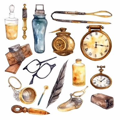 watercolour clip art. Collection of golden vintage accessories and antique objects. Old keys, clock, loupe, compass, ink feather pen, scissors, glasses isolated on white background