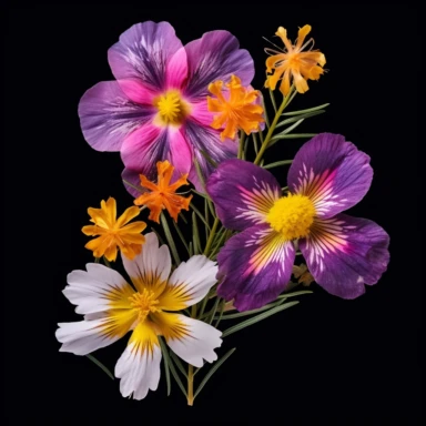 Create a visually striking midjourney AI image that showcases the exquisite beauty of wildflowers. The image should feature an extreme close-up view of three distinct wildflowers, captured from an above perspective. Each wildflower should be the focal point of the image, highlighting its intricate details, delicate petals, and vibrant colors. The perspective should allow viewers to appreciate the unique characteristics of each flower. To create a clean and minimalist aesthetic, set the scene aga
