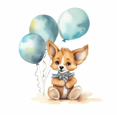watercolor cute baby jackal clipart on white background, full body, balloon