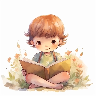 cute little boy reading a book, folk art, watercolor, clipart elements, kawaii, white background