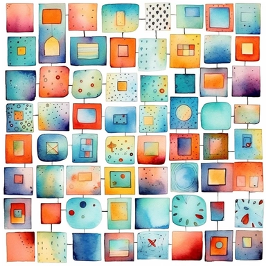 Watercolor line art, little squares filled with doodly patterns of  xmas ,ornaments and decorations , illustrations clipart set, simple, christmas colors , cartoon elements, different variants , stocking, bubble ornaments, xmas wreath, modern art, separate elements with a margin