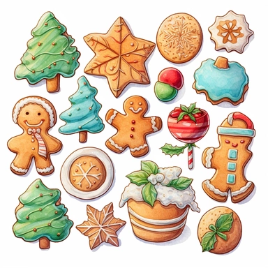 Christmas cookies style by Lucy Fleming, watercolor, smooth gradients, black contour outline, ultra detailed, clipart elements, delicate pastel colors, solid white background, super clear, high quality
