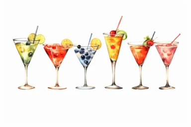 a lot of Dirty Martini cocktail watercolor center focus 4K, 8K, white background,,,,,,watercolor clipart on white background