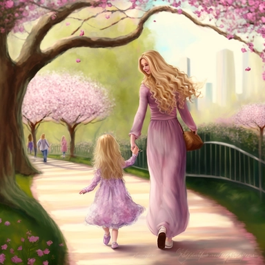 beautiful young pregnant mother with long beautiful blonde hair and toddler daughter with beautiful long auburn hair holding hands walking in park, flowering trees, path lined with benches, highly detailed, realistic, fantasy, ethereal, soft colors of pink, purple and lilac, sharp focus, clipart style