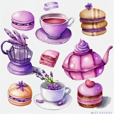 Draw a set of cartoon - style watercolor illustrations of a lavender - themed afternoon tea in shades of purple and pink. The images should have a elegant, refined, and sweet aesthetic, incorporating elements such as lavender - scented desserts, teas, and other culinary items such as macarons, scones, and a teapot. Individual images cliparts