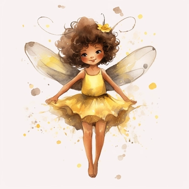 cute brown skin fairy girl clipart watercolor yellow dress [turnabout] front view, looking at camera cw, 8k, hd v5 line drawing midair