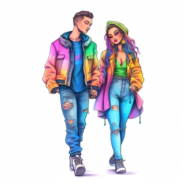 full body clipart of modern queer couple wearing rainbow colored clothes in Jasmine Becket-Griffith style, logo style, soft colors, clean edges, refined edges, stunning, captivating, contour, isolated white background