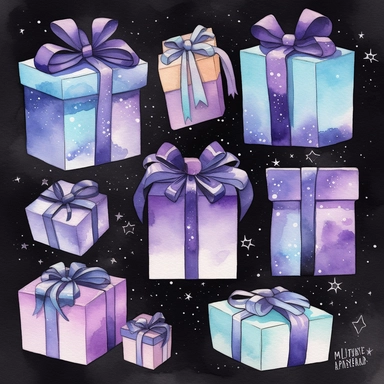 This watercolor Clipart by Thomas W. Schallerof of nine gift boxes , different shapes and sizes features a galactic design with shades of purple, blue, and black. The box is rectangular in shape and tied with a black ribbon and a small star charm.