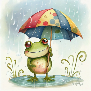 cute whimsical smiling frog holding an umbrella in the rain, artistic and delicate children's book illustration, hand drawn doodle, clipart, pastel painting with vibrant warm colors, by Amanda Clark and eric carle, white background