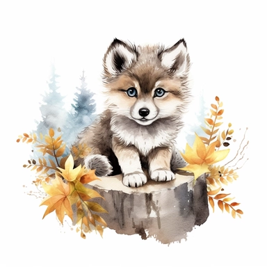 woodland animal cute baby wolf watercolor clipart detailed