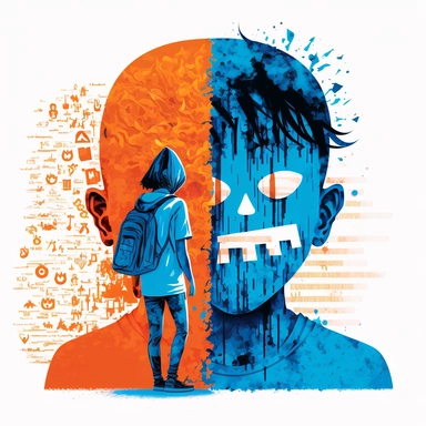 a scene that represents the emotional harm caused by cyberbullying. Include elements that symbolize the anonymity of the internet and the impact of hurtful words on the victim's mental health, clipart style, orange and blue motif