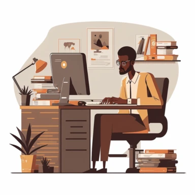 a 45 year old African man sitting in an office in front of his computer with a lot of paper on the table. Vector design, flat modern illustration, clipart, white background, flat illustration, minimalist style, 8k, ultra quality