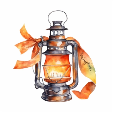 Watercolor illustration of vintage kerosene lamp with ribbon paper banner: Let your light shine. Isolated on white. Vintage clip art element of a burning gas lamp for design cards, posters, stickers.