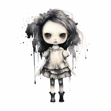 mystical dark scary watecolor evil doll clipart, full body, hd 4k, detailed, focused, isolated on white background