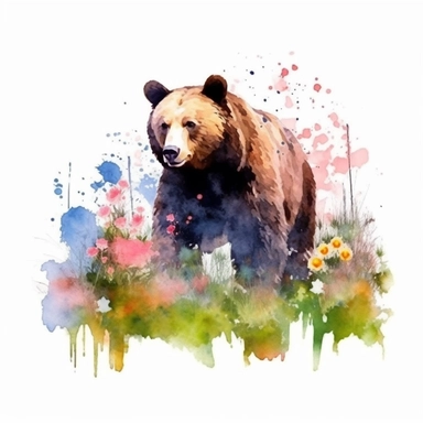 detailed watercolor clipart, photography style, beautiful bear, in a meadow, HDR, spring floral,self shadow, white background
