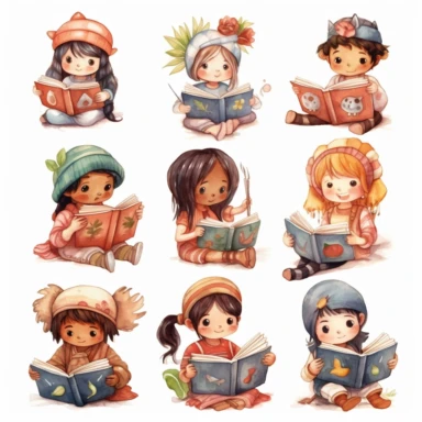 Many different nationality Cute little children reading a book, folk art, watercolor, clipart elements, kawaii, white background