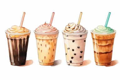 minimalistic clipart set five watercolor clipart, latte paper cup, Cute kawaii sticker