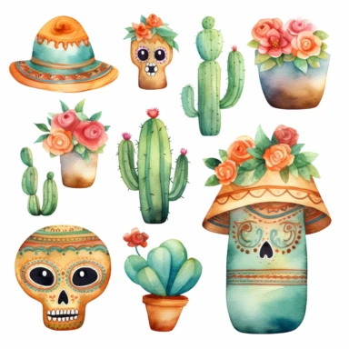 Watercolor cinco de mayo elements , illustrations clipart set, simple, soft colors, cartoon elements, different variants, mexican hat, sugar skulls, squishmallow, rose, little boy, separate elements with a margin