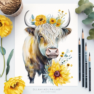 Dairy Cow Watercolor Clipart Highland Cow Sunflowers Flowers, background white