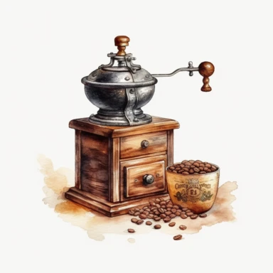 manual coffee grinder, surrounded by white background, clipart, wide shot, very detailed, watercolor illustration, white background, cinematic, ultra hd,