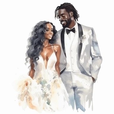 Black skin bride in a white wedding dress with diamonds and with beautiful jewelry, long beautiful hair and the groom in a tuxedo smile watercolor clipart