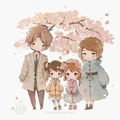 happy chibi family watercolor clipart, mother father sister brother, in the style of Makoto Shinkai, white background, spring sakura flowers