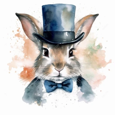 Cuddly Bunny Clipart wearing a stylish bow tie and top hat ready for a magic show in the style of oil painting, on a white background