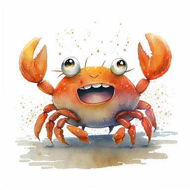 watercolor illustration happy crab, cartoon style, white background, clipart