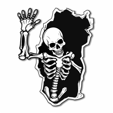 Black and white sticker style, of a realistic skeleton silhouette, breaking through a wood white wall, hole in a white background, clipart style, white background, thick lines, vector shading ,simple design, flat color, solid color
