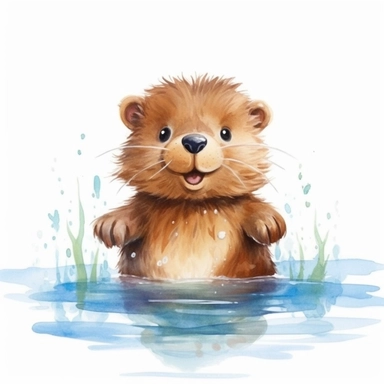 Ultra realistic watercolor clipart of cute baby beaver in water, happy cute Beaver digital art, whimsical, dreamy, sublimation clipart isolated on white background, ultra - detailed, high quality, ghibli style, award winning