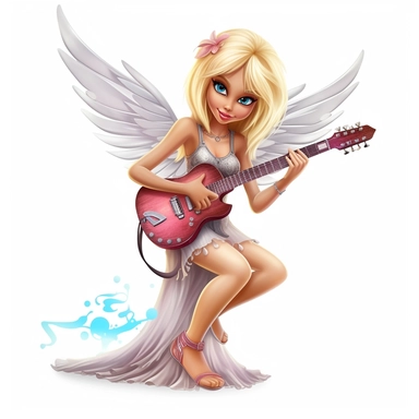 a beautiful fairy, rock star with guitar, cartoon, big wings, clipart, white background