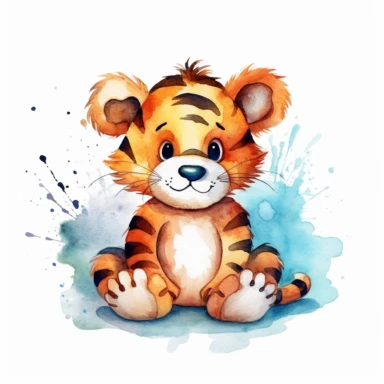 a colorful tigger with kind eyes clipart with watercolor illustration,full body shot,8k,etsy style, white background
