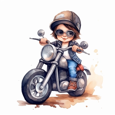 Cute little biker boy riding a Harley Davidson watercolour white background clipart