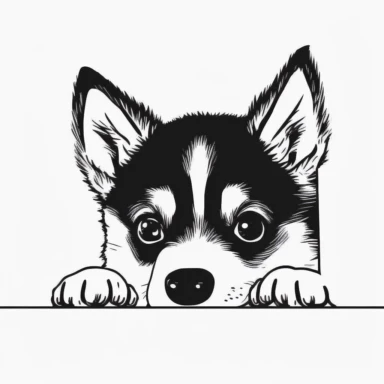 simple outline of a front facing Siberian Husky puppy head peeking with front paws, cute, clipart, flat 2d vector, minimalist, black and white, kids cartoon, svg cut file, line art drawing