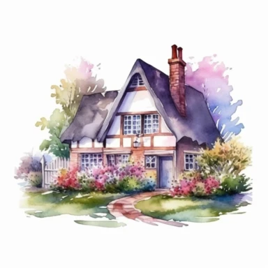 Vector clipart, isolated on white background, beautiful lovely Watercolor cute little colorful house, spring time , ornated, pastel colors, small England village