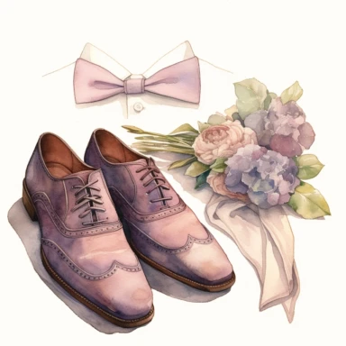 wedding watercolor graphics, subtle neutral pastel tones, sparklecore, embossed paper, Create a dashing wedding clipart featuring sleek and polished groom's shoes, exuding a sense of style and refinement, completing the groom's ensemble for a truly memorable wedding celebration, candid, multi-layered