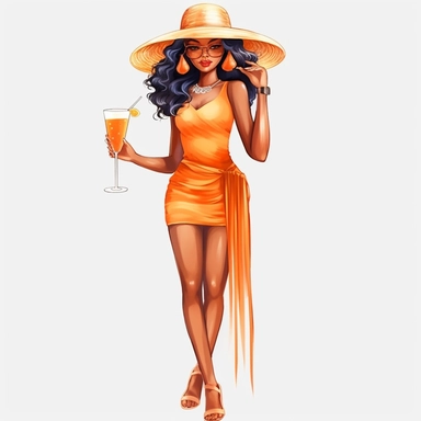 Full body, pretty black girl, Sun Straw Hat Wide Brim Summer Hat Foldable Roll up Floppy Beach Hats, pretty, holding a cocktail drink, orange outfit, 4k, hd, clipart
