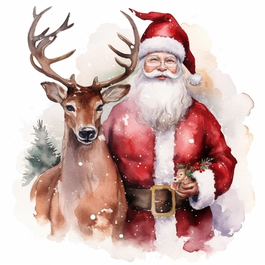 Clipart on White Backgraund Christmas Deer and Traditional Red Santa Claus with big gift Water color