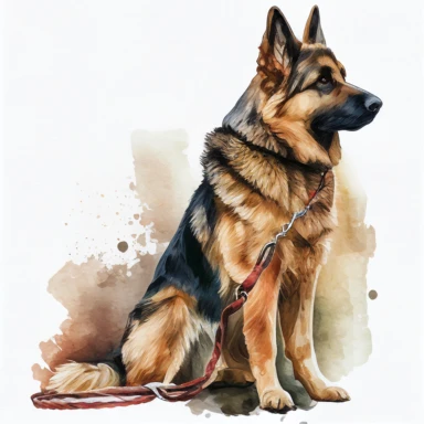 german shepherd dog with leash, watercolor clipart, transparent background