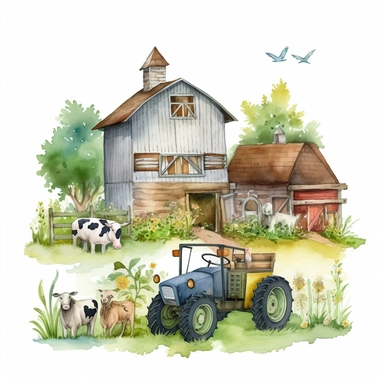 Make a clipart of a watercolor painting of a farm with barn animals and a tractor. no background