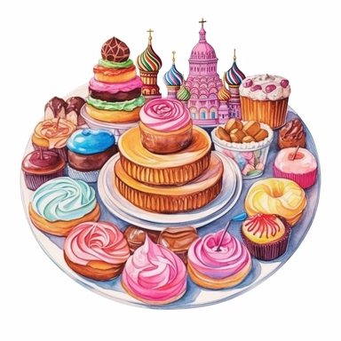 watercolor cake and cupcakes watercolor wcd eps, in the style of eye-catching composition, circular shapes, large canvas paintings, soviet, calligraphy-inspired, nightcore, simple Clipart desert cartoon t-shirt graphic, vector,contour, isolated on a white background