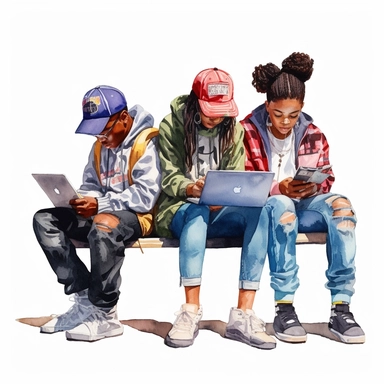watercolor clip art image of a group of 3 black teenagers wearing hip-hop clothes having fun studying with books and laptops and phones sitting around a table