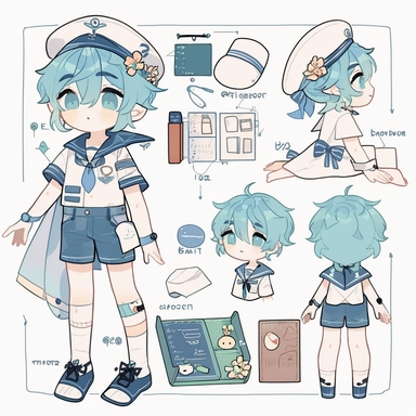character sheet,knoling,clipart, belongings catalog, cute chibi character, pale blue-green hair, long hair, long bangs, blue-green eyes, flat chest, beautiful young boy, sailor, blue shorts, dark blue socks , whale, soda, sandwich,