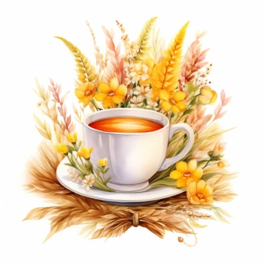 A tea cup , add wheats and little flowers use warm colors such as yellow, orange, green, red, cottage core, high quality, watercolor art and clear lines, bright colors, clipart