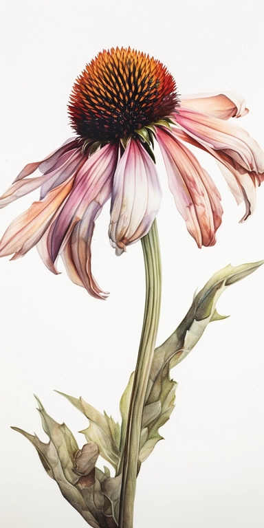 Watercolor Painting of SINGLE STEAM Coneflower FLOWER on white background beautiful multi - headed pale, Flora Design Patterns, Flemish Baroque by Rachel Ruysch, Behance, Rococo, Intricate Detailed, Soft Light Effect, Oil Paint Strokes, Light Academia Aesthetic Flowers, Lighting cinematic, all shown shimmering stamens, tyndall light, light effect, texture, colorful, 8k, fantasy, ray tracing, depth of field, vivid, spectacular lighting, octane rendering, highly detailed, ultra - realistic, white 